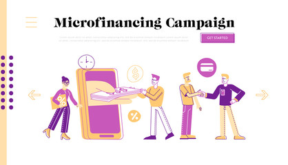Micro Credit Finance Organization Service Landing Page Template. People Characters Using Wireless Mobile Technologies for Taking Cash Money Loan in Bank with Huge Percent. Linear Vector Illustration