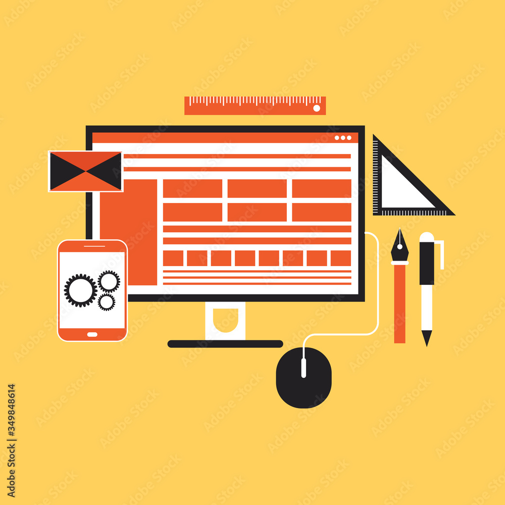 Poster web design concept flat design on yellow background