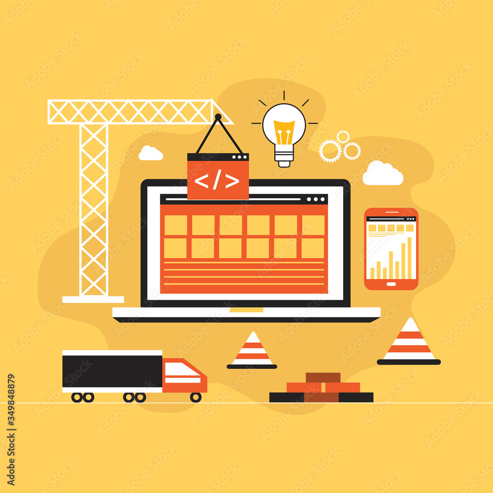 Poster flat design of website under construction, web page building process, site form layout of web develo