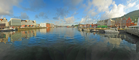 Naklejka premium Bergen waterfront and skyline seen from the sea, Hordaland, Norway, Scandinavia, Europe
