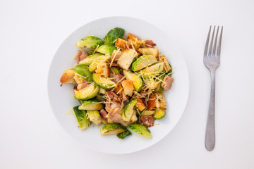 Roasted Brussel Sprouts, Bacon and Croutons