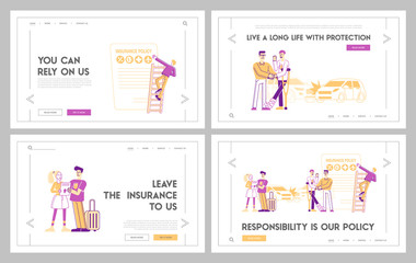 Fototapeta na wymiar Life and Health Safety Guarantee Landing Page Template Set. People Fill Accident Insurance Form. Agent Shake Hand to Client, Policy Document. Characters Health Protection. Linear Vector Illustration