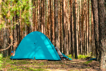 hiking travel life style passion concept picture of tent camp side place in forest moody nature environment green foliage and ground with hand made stone trail