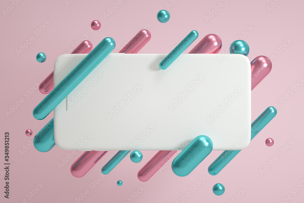 Poster abstract geometric objects and a smartphone, smartphone blank screen template,3d rendering,conceptua