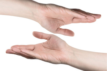 Male hand open and ready to help or receive, isolated with clipping path on white background