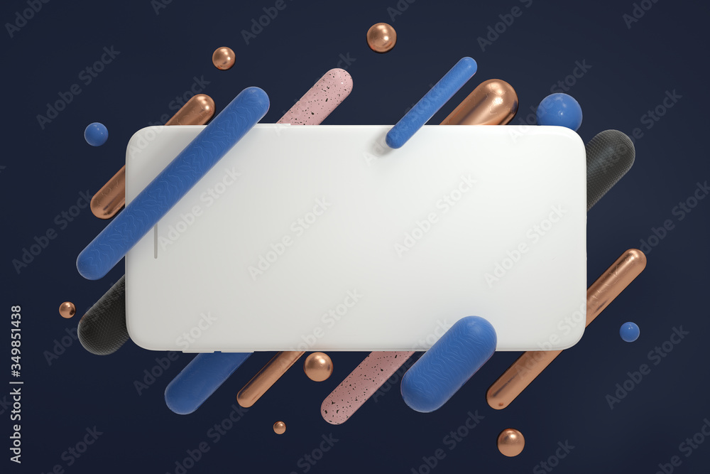 Poster abstract geometric objects and a smartphone, smartphone blank screen template,3d rendering,conceptua