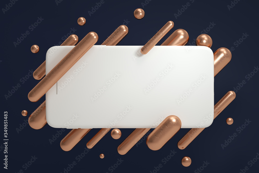 Poster abstract geometric objects and a smartphone, smartphone blank screen template,3d rendering,conceptua