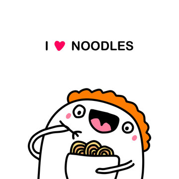 I love noodles hand drawn vector illustration in cartoon comic style doodle man eating spagetti