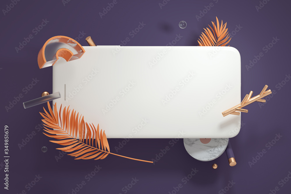 Poster abstract geometric objects and a smartphone, smartphone blank screen template,3d rendering,conceptua