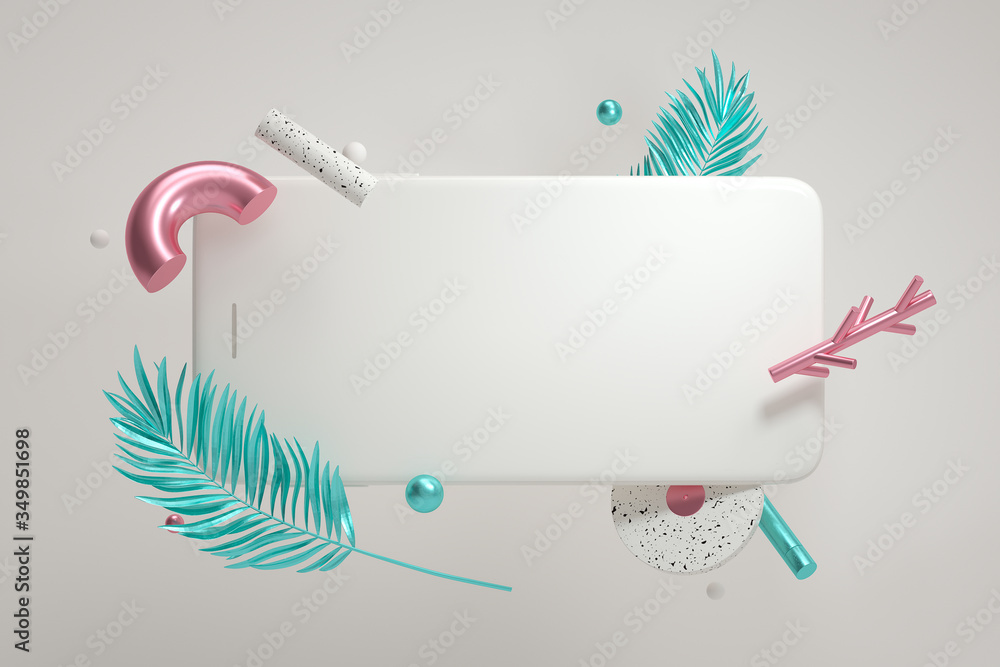 Poster abstract geometric objects and a smartphone, smartphone blank screen template,3d rendering,conceptua