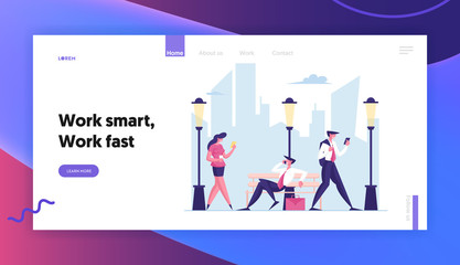 Business People Walking on City Street Landing Page Template. Characters. Men and Women Characters in Formal Clothe Hurry at Work, Speak by Mobiles Sitting on Bench. Cartoon People Vector Illustration