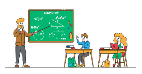 School Kids Boy and Girl Sitting at Desk in Classroom Studying. Schoolboy Raising Hand to Answer Lesson in Class. Children Characters Get Knowledges and Education. Linear People Vector Illustration