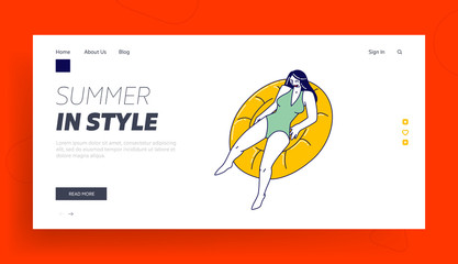 Relax in Swimming Pool, Ocean or Sea Landing Page Template. Female Character Enjoying Summer Time Vacation Floating on Inflatable Mattress, Take Sun Bath and Tan on Resort. Linear Vector Illustration