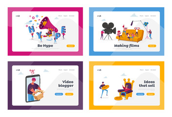Fototapeta na wymiar Hype Content, Movie Making and Video Blogging Landing Page Template Set. Male and Female Characters Make Film, Blogger Recording Vlog Unpacking Parcel, Money Idea. Cartoon People Vector Illustration