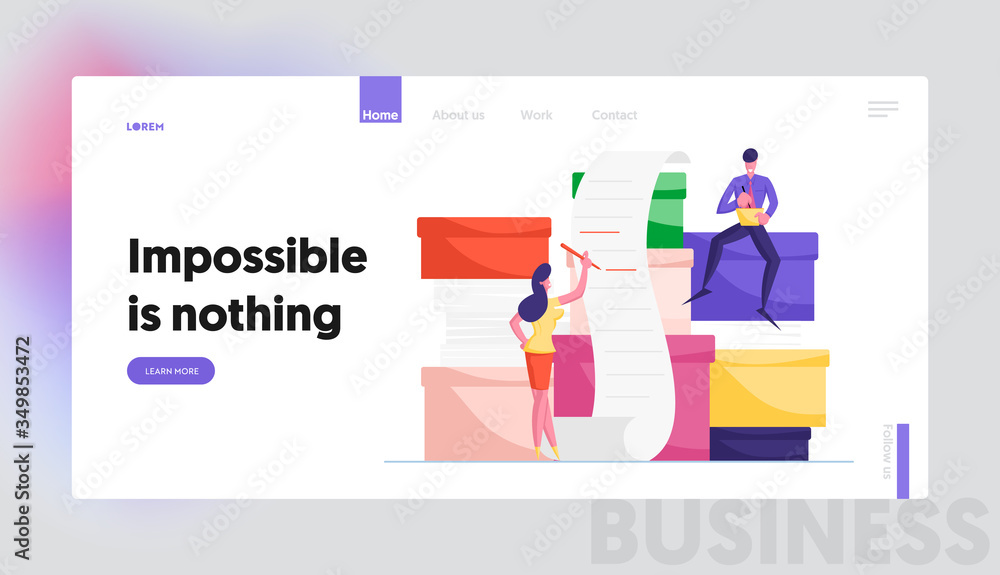 Aufkleber bureaucracy, managers workplace landing page template. office employee characters overload with docs