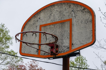 Closeup view of a dirty basketball backboard with no net