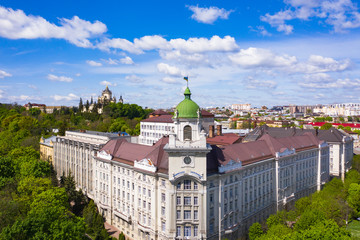 Aerial view on Lviv Railway administration building in Lviv, Ukraine from drone