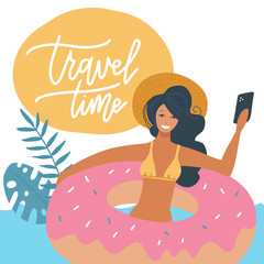 Young woman in swimsuit relaxing on a rubber inflatable donut ring in the sea or swiming pool vector flat illustration. The girl on a summer holiday making selfie. Travel time lettering quote