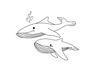 Whale. Coloring book isolated on white background. Graphic contour. Doodles style free hand drawing. Sea animal. Coloring for adults and children. Vector outline illustration.