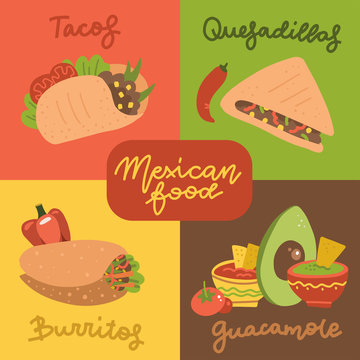 Mexican Food Menu Mini Posters Set With Traditional Spicy Meal. Vector Flat Hand Drawn Illustration Of Taco, Quesadilla, Guacamaleand Burrito.