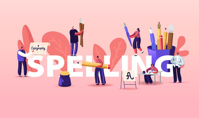 Fototapeta premium People Characters Spelling Concept. Writing Letters, Script, Creative Hobby Recreation. Woman Sitting at Table with Pen in Hand Practicing Calligraphy Poster Banner Flyer Cartoon Vector Illustration