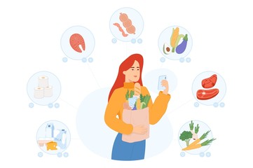 A girl shopping online via phone. Order food online. App on mobile phone. Buy at Home. Fresh Groceries. Food Delivery. Order with smartphone. 