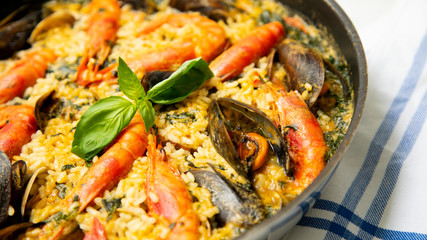 Seafood paella in a spanish restaurant