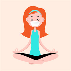 Fototapeta na wymiar Girl meditates in a medical mask