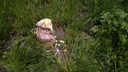 The gold bag with pearls is on the green grass. Jewelry, gift bag, green background.