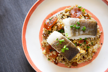 Codfish with quinoa and hazelnuts