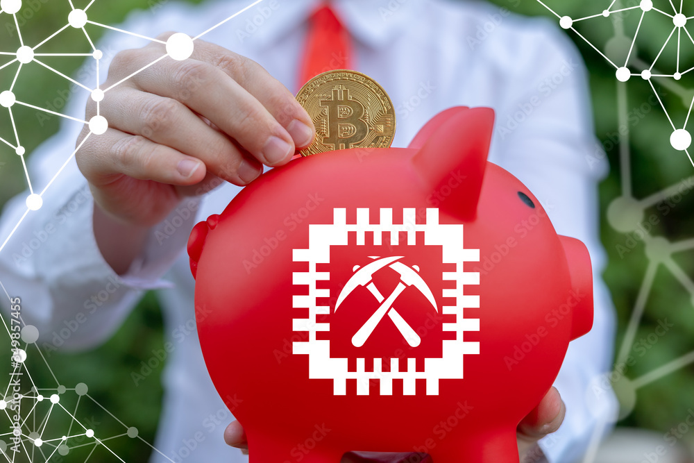 Poster mining bitcoins processor pickaxe piggy bank digital investment computing technology. bitcoin crypto
