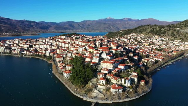 Amaizing aerial view of city Kastoria and Lake Orestiada in northern Greece 4k