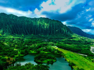 Panoramic View of a beautiful of the mountains Waikiki Honolulu Hawaii with beautiful jagged green cliffs 