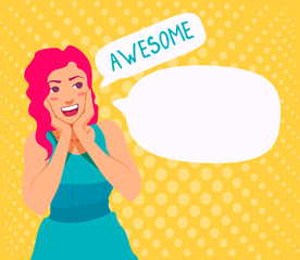 A young adult woman put her hands to her cheeks, looks surprised, amazed. Looks sideways at the blank speech bubble with copy space for text and the word awesome. The teenage girl excited.