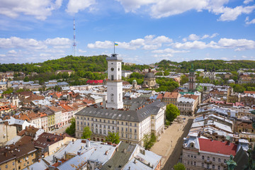 Fototapeta na wymiar View on Lviv city hall from drone