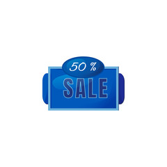 Half price sale blue vector board sign illustration. 50 percent off discount signboard design with typography. Shopping banner isolated object on white background. Advertising storefront sign