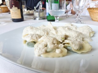 Pansoti con salsa di noce sauce nut a tipical ligurian dish from the regional italian cuisine