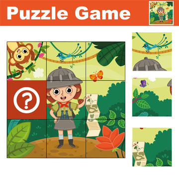 Puzzle education game for preschool children. Find the missing piece. Vector illustration.