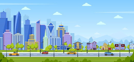Modern city panorama. Urban town cityscape and nature landscape with suburban houses. Big city panoramic view vector illustration. Panoramic view urban city, cityscape skyscraper house