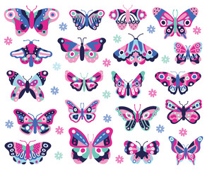 Doodle butterflies insect. Hand drawn spring insects, colorful flying papillon. Drawing butterflies isolated vector icons collection. Butterfly insect drawing color, summer natural illustration