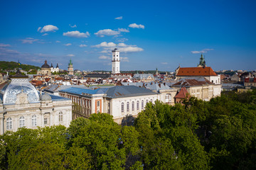 View on Lviv city hall from drone