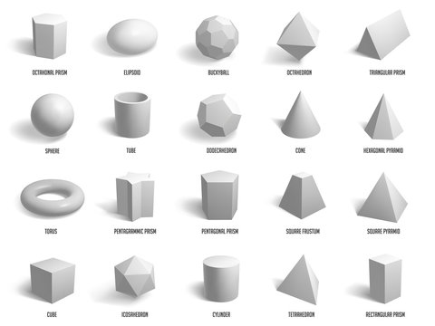 Realistic basic 3d shapes. Geometry sphere, cylinder, pyramid and cube forms, geometric shapes model isolated vector illustration icons set. Model cube, sphere, polygon, hexagon group construction