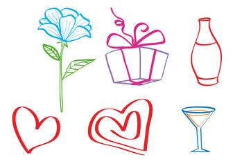 stylized set of flower, hearts, vases and gifts, isolated object on a white background, vector illustration,