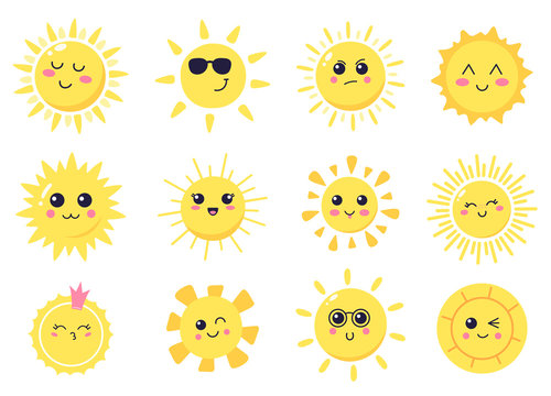 Happy cartoon sun. Hand drawn cute smiling suns, sunny happy characters, shining bright sun vector illustration symbols set. Sun and sunlight, sunshine smile cute, summer bright