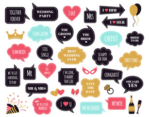 Wedding photobooth props. Bride and groom party speech bubble, marriage quotes for wedding celebration, funny wedding phrases vector symbols set. Photo decoration wedding speech bubble illustration © WinWin