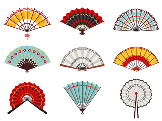 Asian hand fans. Paper folding hand fans, chinese, japanese decorative traditional oriental wooden fans vector illustration icons set. Traditional fan accessory, tradition decoration china folding