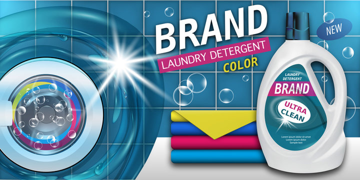 Laundry detergent in plastic container, clean color towels. Package design for Liquid Detergents ads with washing machine. Branded fabric softener, conditioner. Vector