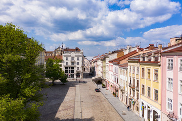 Fototapeta na wymiar Empty Lviv streets during COVID-19 Quarantine. View on Lviv Market square from drone