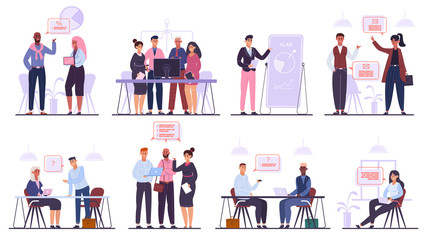 Business team characters. Teamwork business meeting and brainstorming, professional office people conference isolated vector illustration set. Professional teamwork, people business discussion