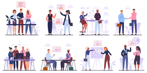 Office workers team. Business meeting, brainstorming and corporate conference, business team characters group isolated vector illustration set. Teamwork meeting and conference, negotiation and deal